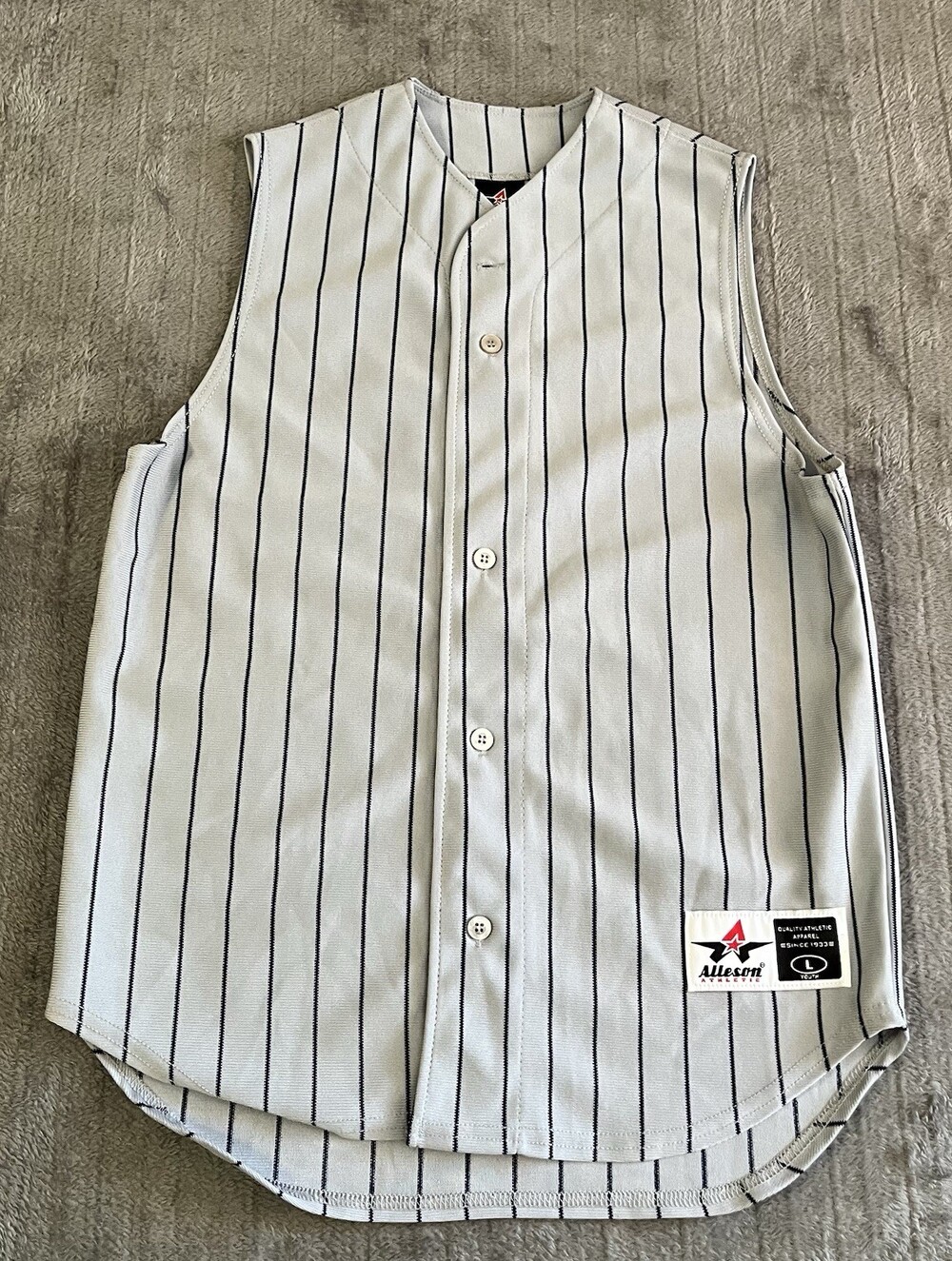 Alleson Gray/Blue Pinstripe Mesh Baseball Shirt Sleeveless Jersey Youth Large
